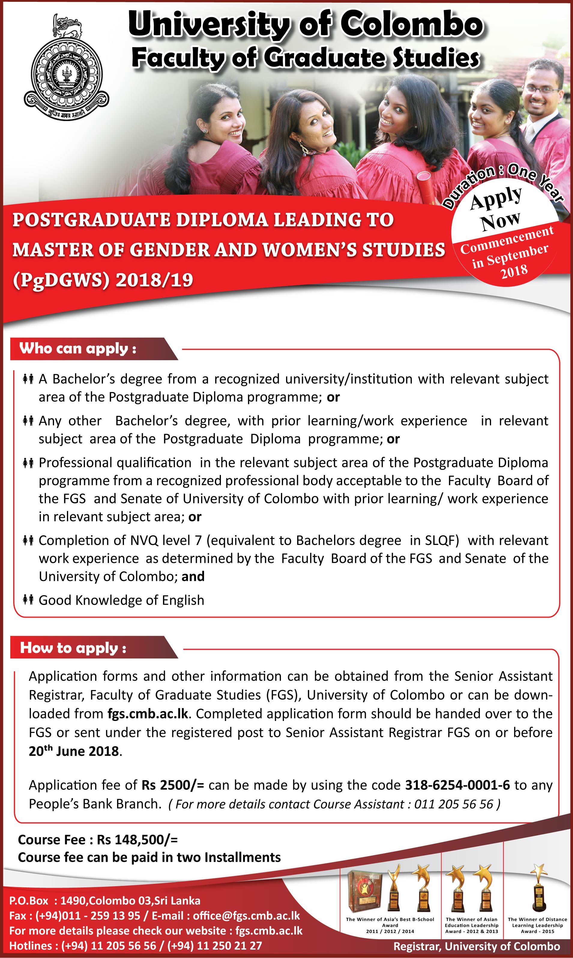 Postgraduate Diploma Leading to Master of Gender & Womenâ€™s Studies (PgDGWS) 2018/19 - Faculty of Graduate Studies - University of Colombo